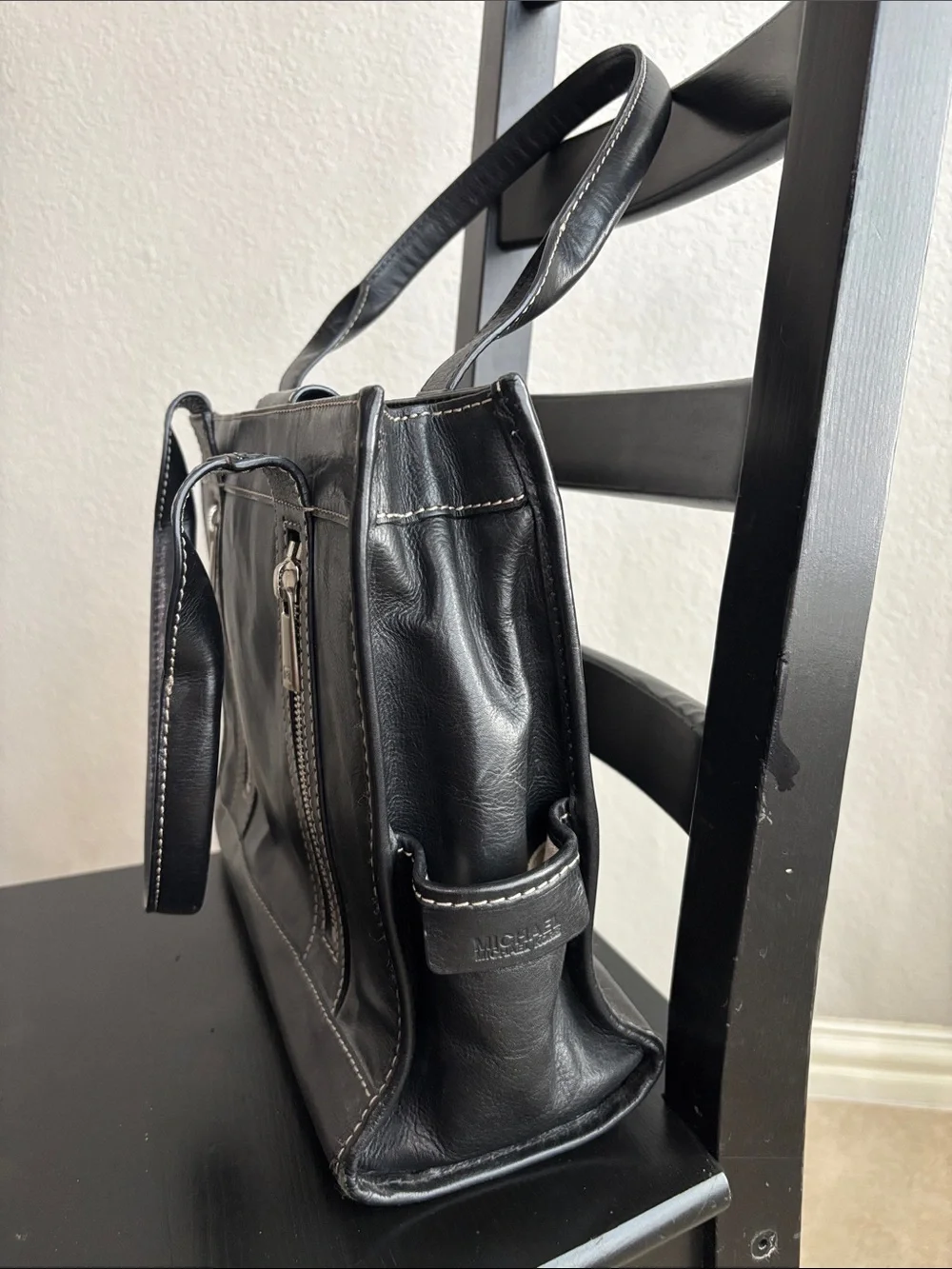 Black Leather Structured Tote with White Contrast Stitching Fits 12.5” laptop